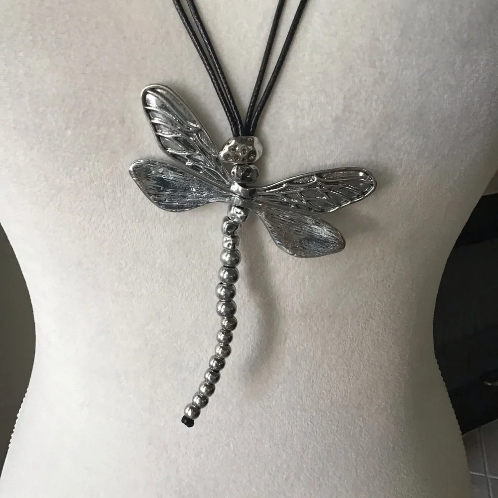 LAST 1! NEW Dragonfly Statement Necklace Movable Wings Gardener Black Cord Lucky